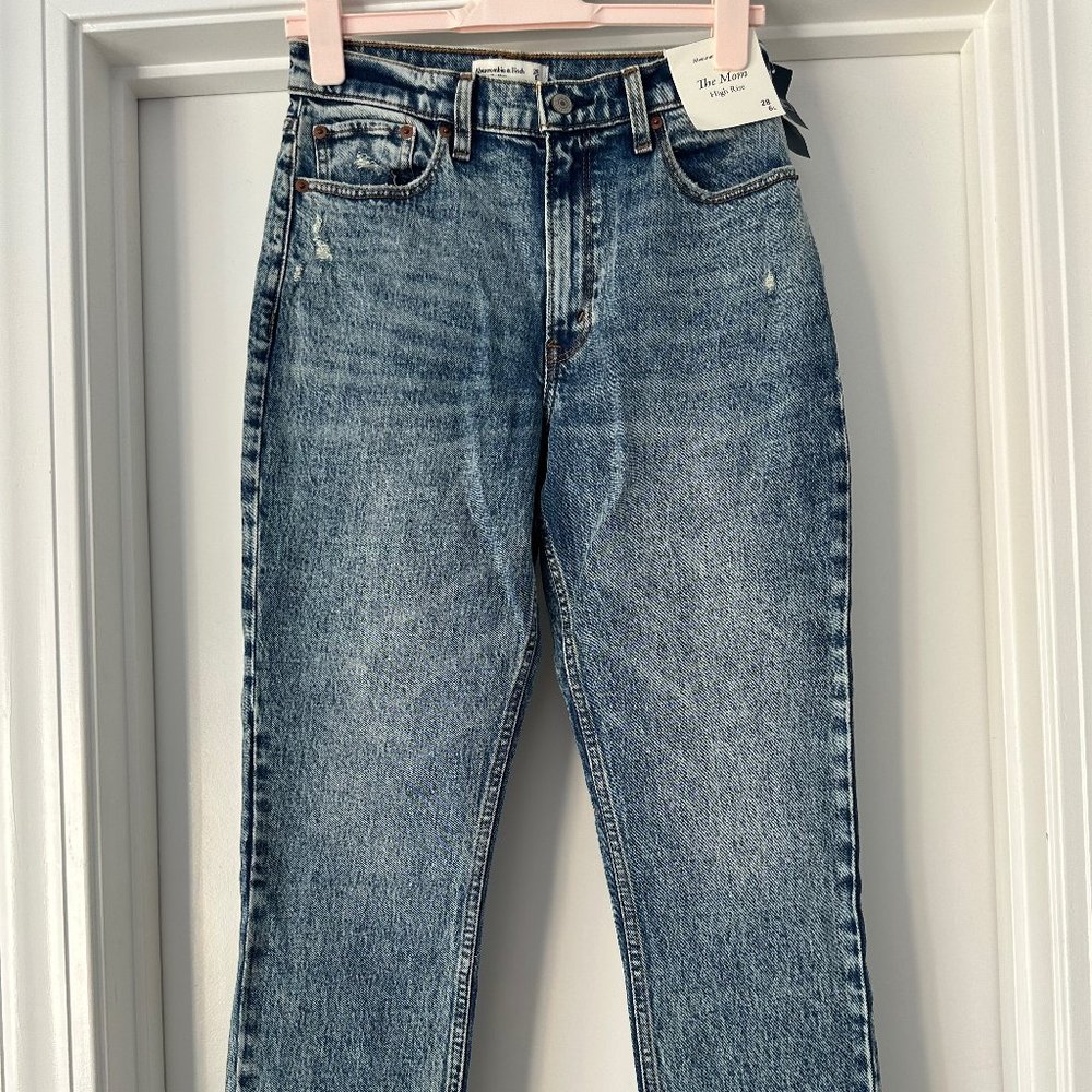 BRAND NEW Abercrombie & Fitch High Rise Mom Jean, Distressed Wash, size 6L (28L)